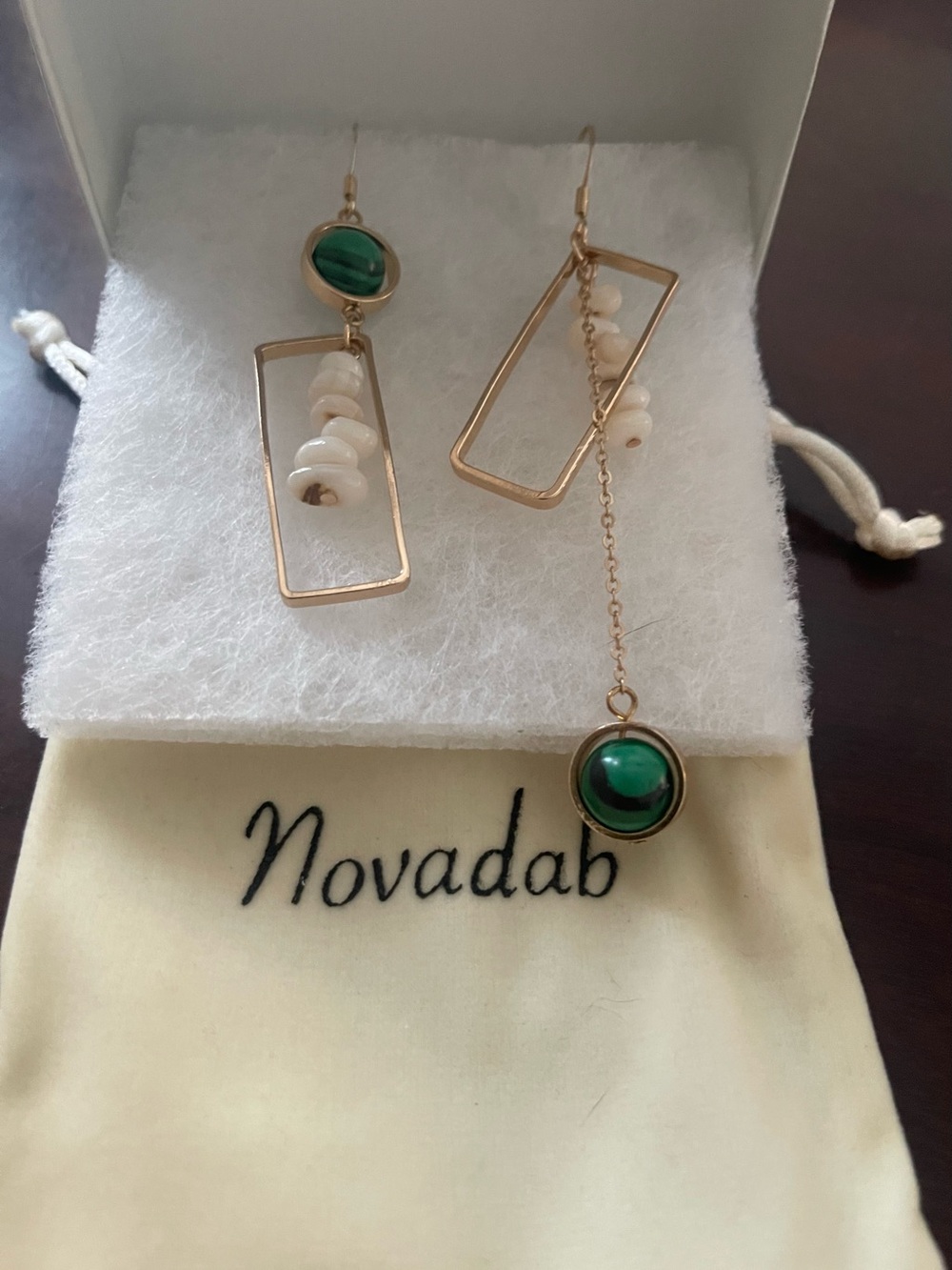 Asymmetrical Gold & Green Stone Drop Earrings